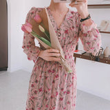 Hulianfu New Flower Dress Women Floral Chiffon Clothes Maxi Dresses Beach Elegant Autumn Pink Korean Long Sleeve V Neck Vestidos De Mujer