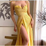 Hulianfu Elegant Patchwork Strap Dress Women High Split Backless Tube Top Dot Slim Vestidos Summer Sexy Fashion V-Neck Lady Robe