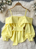 Hulianfu New Fashion Women Spring Summer Yellow Shirt Sexy Spaghetti Strap Slash Neck Off Shoulder Long Sleeve Blouse with Belt