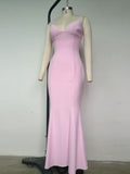 hulianfu Sexy V Neck Sling Backless Maxi Mermaid Dress Elegant Pink Spaghetti Strap Bodycon Long Dress Mermaid Gown Celebrity Party Dress