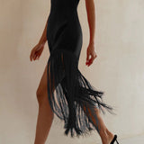 hulianfu Summer Fashion Black Tassel Sexy Tube Top Dress Outfits Women Elegant Evening Party Club Slit Bodycon Mini Dresses  Clothes