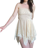 hulianfu Summer Fairy E-girl Mini Dress Irregular Ruffles Hem Women Off Shoulder Bandage Backless Dress Lace Patchwork Cutout Beach Club