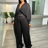 hulianfu Ladies Long Sleeved Black V-Neck Top Loose Stitching Pleated Wide Leg Pants Two-Piece Set