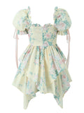 Hulianfu Women Summer Fashion Sweet Floral Print Mini Dress Vintage Square Collar Chic Wood Ear Princess Dresses