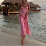 hulianfu Pink Camis Long Dresses Women Satin Cut Out Sleeveless Slip Dress Female Backless Sexy Party Dresses Summer Slit Midi Dress