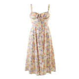 Hulianfu Spring Summer New Vintage Women Chic Lace-Up Slim Hollow Backless Slit Floral Square Collar Strap Long Midi Dress