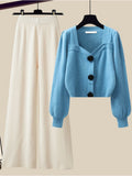Hulianfu Winter Knit Sets Womens Outfits French Vintage Square Collar Knitted Sweater And Wide Leg Pants Two Pieces Sets Office Lady Sets