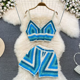 Knitted Crochet Two Piece Set Women Sexy V-Neck Cropped Tank Top and High Waist Shorts Matching Summer  Beach Outfits