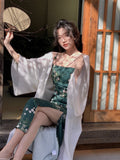 Hulianfu Women Slash Neck Sexy Strapless Retro Green Printing Elegant Temperament Fitting Suspender Slit Bodycon Long Midi Dress Summer