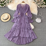 hulianfu Holiday Style Ankle Length Long Dresses Women  Spring New V Neck Puff Sleeve Lace Elegant Evening Party Summer Dress