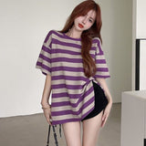 Hulianfu Striped T-shirts Women Slit M-4XL Streetwear Loose Summer Simple Short Sleeve All-match Students Ulzzang Fashion Casual Ins BF