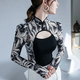 Hulianfu Printed Mesh Sexy Long Sleeve T Shirts Women Hollow Out Chinese Style Vintage Collar Patchwork Tee Shirt