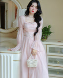 Hulianfu Elegant Evening Party Midi Dress Women Bubble Sleeve French Vintage Sweet Dress Female Pink Korean Style Fairy Dress Autumn