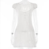 hulianfu Alinemyer Square Collar Black Mini Dress  Summer Sexy High Waist Short Sleeve Beachwear Bodycon Hollow Out Sundress Female