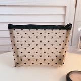 HULIANFU Mesh Cosmetic Makeup Bags Case Holder Cute Transparent Zipper Black Heart Printed Pencil Pen Case Pouch Convenient To Carry
