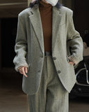 Hulianfu Fall Winter Women's Casual Coat Solid Color Single Breasted Pocket Decorative Loose Wool Blazer Jacket