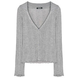 Hulianfu Knitting T-shirt Women Slim Sexy Long Sleeve Daily V-neck Casual Korean Style Pure Retro Minimalist Hot Girls Spring See-through