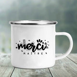 HULIANFU Merci Maître Print Mugs Creative Coffee Cups Drinks Water Milk Tea Cup Enamel Mug School Home Handle Drinkware Best Teacher Gift