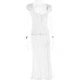 hulianfu hulianfu Sexy Hollow Out Midi Dress for Women Summer Elegant Chic V-Neck Slim Party Dress White Short Sleeve Casual Dress
