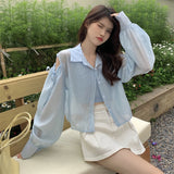 Hulianfu Shirts Women Hole Temperament Sun-proof Ins Vacation Thin Korean Style Sheer Off-shoulder BF Summer Students Beach