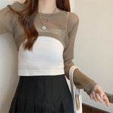 Hulianfu New Women Solid Sweater O-Neck Cropped Sweater Pullover Crop Top Female Short Sleeve Hollow Out Super Cropped Sweaters Shirts