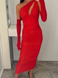 Hulianfu Summer Midi Mesh Dress Bodycon One Shoulder Eveining Night Party Dresse Cut Out Draped Women Birthday Dress Elegant Stretch