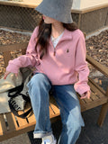 Vintage Women Sweatshirt Autumn Casual Loose Solid White Zip Up Polo Collar Basic Winter Female Oversized Tops Pullover Hoodies