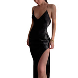 Hulianfu Summer Women's Sexy Satin Silk Spaghetti Straps Slit Long Dress Elegant Sleeveless Backless Club Party Beach Sexy