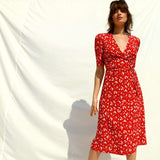 Polka Dot Print Midi Dress Woman Elegant Embroidery Short Sleeve V-neck Vestidos  Summer Femme Vintage Casual Long Robes