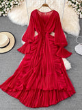 hulianfu Holiday Style Ankle Length Long Dresses Women  Spring New V Neck Puff Sleeve Lace Elegant Evening Party Summer Dress