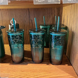 HULIANFU Large capacity 550ml green color Mermaid print Lead-free glass cups with lid and straw