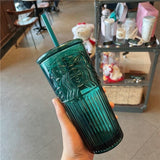 HULIANFU Large capacity 550ml green color Mermaid print Lead-free glass cups with lid and straw