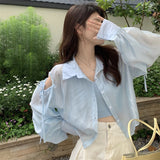 Hulianfu Shirts Women Hole Temperament Sun-proof Ins Vacation Thin Korean Style Sheer Off-shoulder BF Summer Students Beach