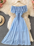 hulianfu Yellow/Purple/White Chiffon Dress Women Sexy Slash Neck Ruffle Robe Elegant Ruffle High Waist Vestidos Female Beach Vacation New