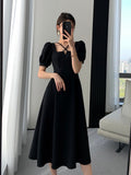 Hulianfu Summer Women Fashion Elegant Casual Solid Puff Sleeve Midi Dresses Evening Office Lady Female A Line Clothes Vestdios Black