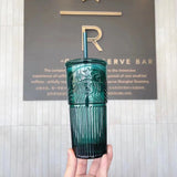 HULIANFU Large capacity 550ml green color Mermaid print Lead-free glass cups with lid and straw