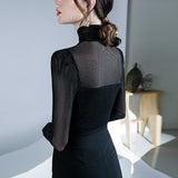 Hulianfu Solid Sexy Long Sleeve Mesh Tshirt Women Fashion Patchwork Black Top T Shirt Autumn Winter Ladies Hollow Out Tee Shirt
