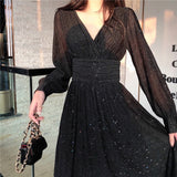Hulianfu Vintage Sexy Maxi Dresses for Women Party Sequin Midi Dress Female Casual Chiffon Slim Korean Woman Dress Elegant Autumn