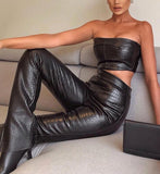 Hulianfu Sleeveless Solid Pu Leather Backless Tube Top Leggings 2 Pieces Set Autumn Winter Women Sexy Streetwear Tracksuit