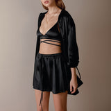 hulianfu Nightgown Lapel Casual Shirt&Sling&Shorts Set Button-down Sleepwear Women Loungewear Three Pieces Pajamas Suit With Shorts
