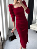Hulianfu Square Collar Solid Wedding Maxi Dresses for Women Office Lady Bodycon Midi Dress Elegant Korea Fashion Clothes Autumn Robe