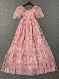 hulianfu hulianfu Vacation Floral Print Long Dress Women Short Sleeve Boho Fairy 3 Layers Mesh Pink Fit Flare Party Vestidos Runway Clothes F281