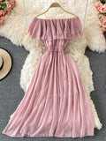 hulianfu Yellow/Purple/White Chiffon Dress Women Sexy Slash Neck Ruffle Robe Elegant Ruffle High Waist Vestidos Female Beach Vacation New