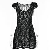 hulianfu Alinemyer Square Collar Black Mini Dress  Summer Sexy High Waist Short Sleeve Beachwear Bodycon Hollow Out Sundress Female