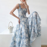 Hulianfu Print Dress for Women 2023 Fashion Fairycore Spaghetti Strap Summer Dress Chic Elegant Square Collar Slim Midi Dress