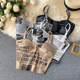 Hulianfu Women Push Up Camisole With Bra Sexy Top Women Suspender Tank Fashion Printed Newspaper Camis Female Soft Sleeveless Top