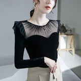 Hulianfu New Women Patched Mesh Crew Collar Elegant T Shirts Lady Ruffles Long Sleeve Velour Tops Tees T-Shirt For Women