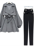 Hulianfu Autumn Office Ladies Elegant 2 Piece Sets Women Korean FashionTurn-down Iantern Long Sleeve Trench Coat And Bodycon Pants Sets