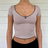 hulianfu hulianfu  Women's Summer Slim Solid Simple T-shirt  Lace Side Splicing U-neck Crop Tops Tees Female Casual Navel Short-sleeved T-shirts