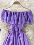 hulianfu Yellow/Purple/White Chiffon Dress Women Sexy Slash Neck Ruffle Robe Elegant Ruffle High Waist Vestidos Female Beach Vacation New